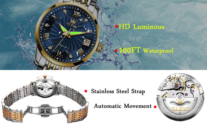 OLEVS Womens Automatic Watches Gold Classic Diamond Ladies Self Winding Mechanical Two Tone Stainless Steel Wrist Watch Date
