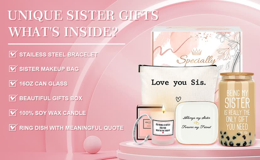 Sister Gifts from Sisters Birthday Gifts for Sisters Adult Best Sister Ever Gift Ideas for Women Cool Presents Set with Funny Glass Cup, Unique Makeup Bag, Scented Candle, Bracelet, Jewelry Tray
