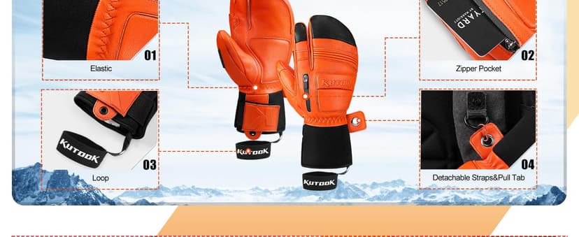 KUTOOK Winter 3 Fingers Ski Mittens Goatskin Thermal 3M Thinsulate Waterproof Snowboarding Gloves with Pocket for Men Women