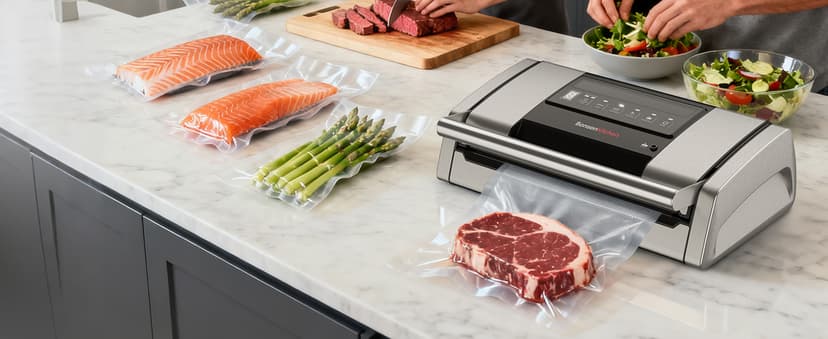 Bonsenkitchen Vacuum Sealer for Food, Easy-Lock Handle Vacuum Sealer Machine with Bag Clip, Built-in Cutter and Bag Storage for Sous Vide and Meal Prep, 1 Roll Bag & 10 Pre-Cut Bags, Silver