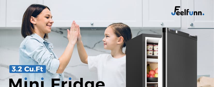 Feelfunn Mini Fridge with Freezer - 3.2 Cu.Ft Single Door Mini Refrigerator with Adjustable Thermostat, Small Fridge for Bedroom, Apartment, Dorm - Black