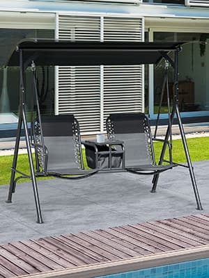 Outsunny 2-Seater Patio Swing Chair, Outdoor Canopy Swing Glider with Pivot Storage Table, Cup Holder, Adjustable Shade, Bungie Seat Suspension and Weather Resistant Steel Frame, Black