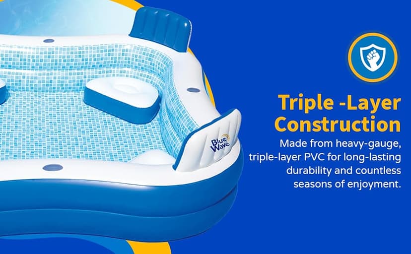 Blue Wave Premier Family Inflatable Pool with Seats – 88-in x 88-in x 26-in Four-Seater Pool for Backyard Fun – Durable 4-Person Inflatable Pool with Cover, Drain Plug & Repair Patch