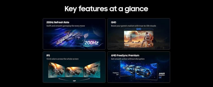 SAMSUNG 27” Odyssey G5 G53F QHD Resolution Gaming Monitor, HDR10, 200Hz Refresh Rate, IPS Panel, AMD FreeSync™ Premium, Black Equalizer, Auto Source Switch, LS27FG532ENXZA