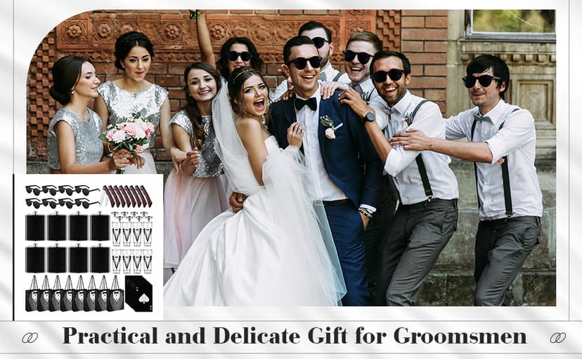 Tioncy 48 Pcs Groomsmen Proposal Gift 8 Engraved Pocket Knife 8 Groomsmen Gift Bags 8 Shot Glasses with Tuxedos 8 Stainless Steel Hip Flask 8 Poker Card Bottle Opener 8 Sunglasses