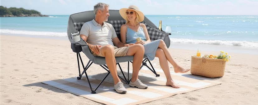 Double Camping Chair Loveseat - 2 Person Oversized Camping Couch for Adults Padded Heavy Duty Outdoor Lawn Beach Portable Folding Chairs with Cup Holders and Carry Bag Support 600lbs, Black/Grey