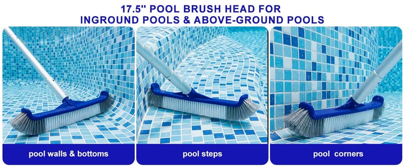 POOLAZA Pool Brush, 17.5'' Pool Brush Head for Inground Pools & Above-Ground Pools, Durable Pool Scrub Brush Fit Standard Pool Pole, Enhanced Pool Brushes for Cleaning Pool Walls with Curved Ends