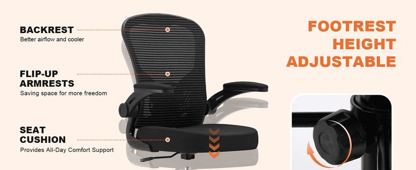 Ergonomic Drafting Chair, Tall Office Chair with Flip-up Armrests, Breathable Mesh High Desk Chair with Lumbar Support Adjustable Footrest Ring for Standing Desk Black