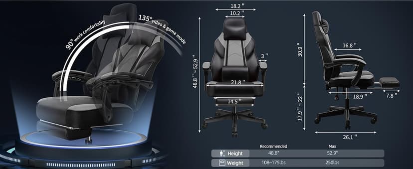 DL-win Gaming Chairs for Adults, Computer Chair with Footrest and High Back, Big and Tall Gamer Chair's with Massage Lumbar Support, 360° Swivel Height Adjustable Gaming Chair, Grey