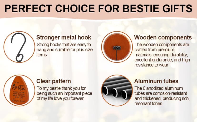 Bestie Gift for Women, Friend Gifts for Women, Unique Friendship Gifts for Birthday, Mothers Day, Christmas, 32 Inch Wind Chimes Gift for Home Decor