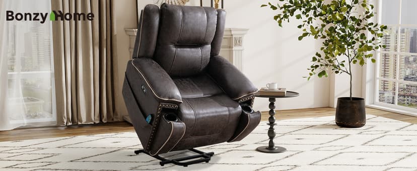 Bonzy Home Power Lift Recliner Chair for Elderly with Massage and Heating, Dual Motor Faux Leather Lift Chair with Spacious Seat, 2 Cup Holders, Adjustable Headrest (Grey Brown)