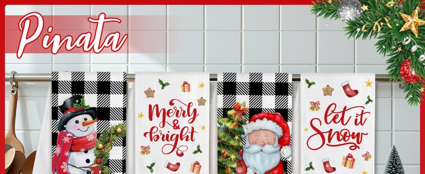 pinatas Christmas Kitchen Towels, Christmas Hand Towels Bathroom, Xmas Kitchen Decor, Black Buffalo Plaid Dish Towel Set of 4, Xmas Housewarming Gifts