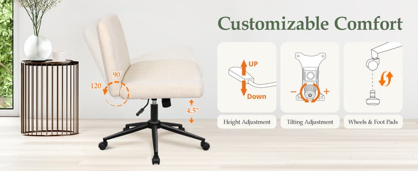 Orange Factory Criss Cross Chair Wheels Wide Cross Legged Office Desk Vanity Dual Base Comfy Fabric Armless Adjustable Swivel for Home Computer Task (Beige Dual Base, Fabric)