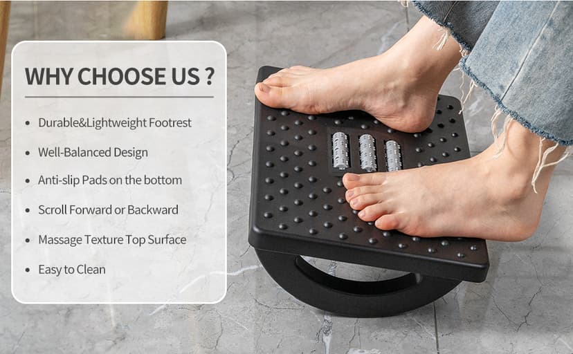 CasaZenith Foot Rest for Under Desk at Work - Ergonomic Foot Stools for Under Office Desk - Rocking Footrest with Roller Massager - Leg Rest for Chair, Computer Gaming -13" L x 9.6" W x 5" H