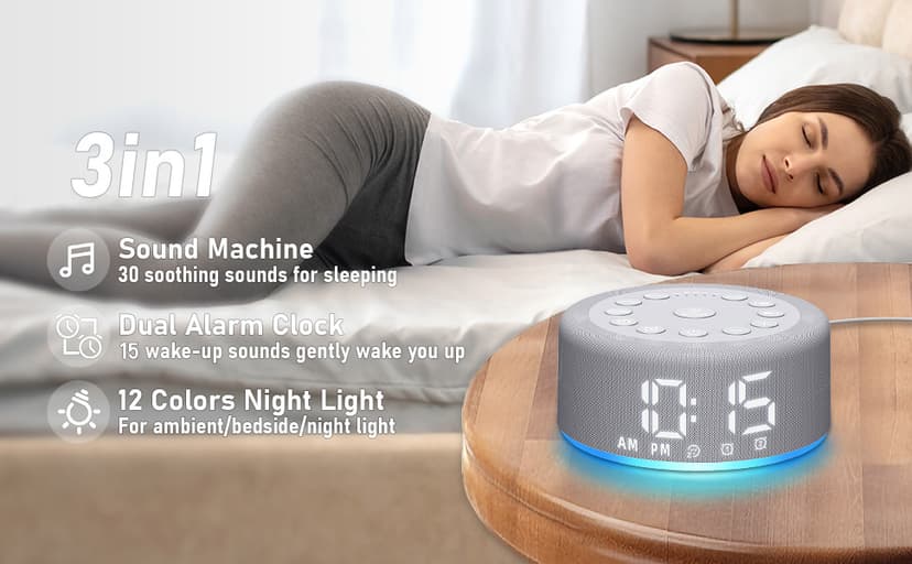 Sound Machine Alarm Clock Brown Noise White Noise Machine Night Light with Dual Alarms Backup Battery 30 Sleeping Sounds for Baby Kids Adults 32 Level Volume 5 Timers 15 Wake Up Sounds Memory Function