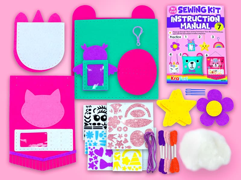 7 stuffed animal & plush pillow projects. Pre-punched felt & instructions included. Gift for girls & boys KRAFUN My First Sewing Kit for Kids Ages 6-12 | 7 Animal Dolls B091GXM2Y6