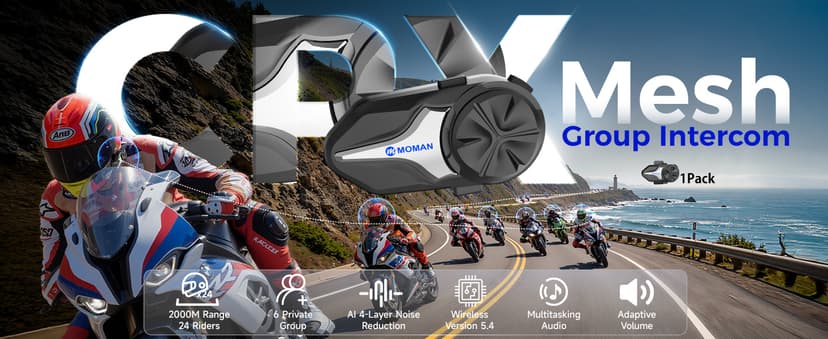 Moman Motorcycle Intercom, Group Intercom Communication Systems, FM, Hi-Fi Stereo, CVC Noise Cancellation, Waterproof BT5.1 Helmet Speaker Headset, 24 Riders Mesh Communicate(CPX 1 Pack)