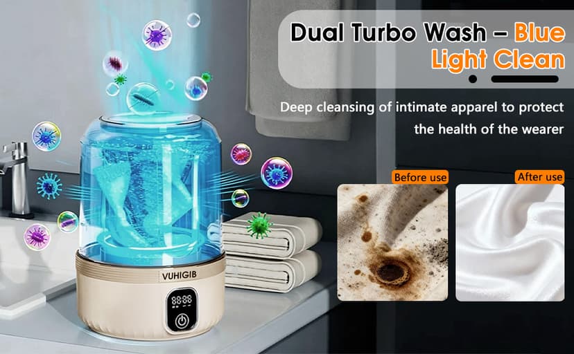 Portable Washing Machine, 7000mAh Rechargeable Wireless Washer with 10 PCS Clothespins Deep Cleans Baby Clothes Underwear Socks Delicates 1.5L Mini Washer for Travel Camping Dorm RV Apartment (Khaki)