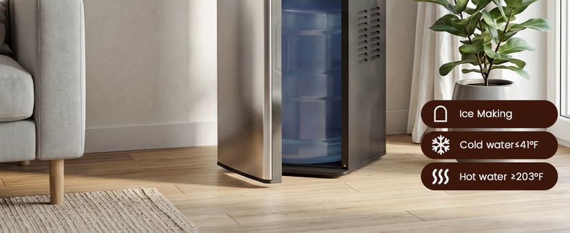 3 in 1 Water Cooler Dispenser with Ice Maker, Bottom-Loading Water Cooler Hot and Cold for Home & Office, 33lbs/24H Bullet Ice, Top Loading 3-5 Gallon, Child Safety Lock, Ice Ready in 7 Mins