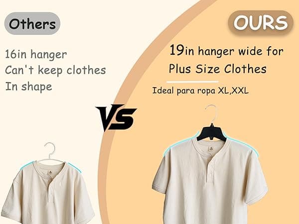 Extra Wide Hangers for Plus Size Clothes, Ganchos para Colgar Ropa,19 Inch Plus Size Hangers Ideal for XL, XXL Shirts, Coats, Dresses, Etc. Plastic. Black.