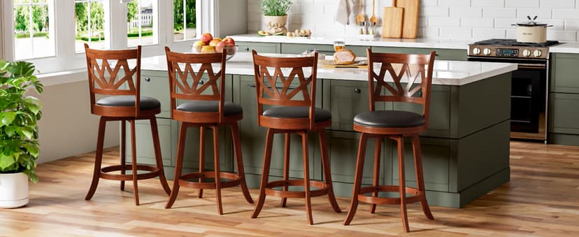 Swivel Barstools Set of 4, Farmhouse 24" Counter Height Bar Stools with Backs, Lotus Pattern Carved Bar Chair with Solid Wood Legs & Footrest for Kitchen Island, Home Bar, Pub. Brown