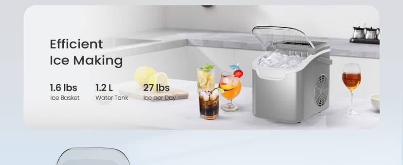 Portable Countertop Ice Maker Machine with Handle, 9 Bullet-Shaped Ice Cubes Ready in 6 Mins, 26Lbs/24H, Self-Cleaning Function with Ice Scoop and Basket for Home/Kitchen/Party (Grey)