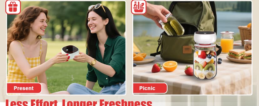 Electric Mason Jar Vacuum Sealer Kit - Auto-Stop with Digital Display, 60kPa Ultra Strong Suction for Wide/Regular Mouth Jars, Preserve Freshness 12X Longer (Includes 6 Lids & Bag Adapters)