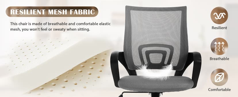 MKDLUFEI Office Chair, Ergonomic Cheap Desk Chair with Lumbar Support, Adjustable Mid Back Task Rolling Swivel for Home Office Student, Adults,Study, Grey