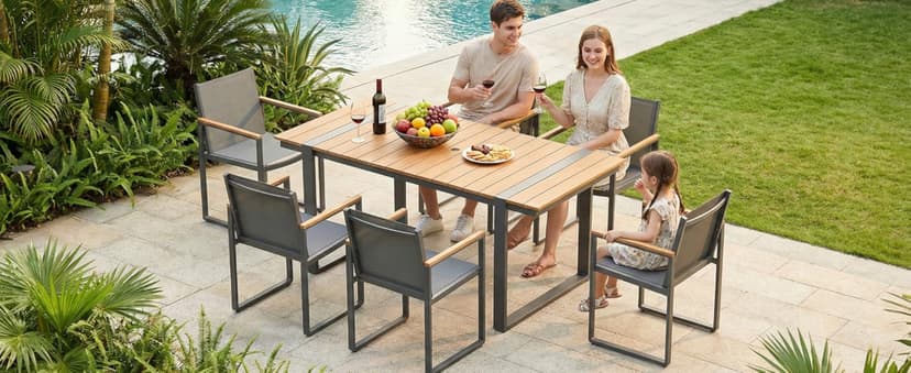 Outdoor Dining Set, HDPS + Aluminum Patio Table and Chairs Set with U-Shaped Base, 7 Piece Outdoor Furniture Set with Umbrella Hole, Patio Dining Table Set for Garden, Backyard (Gray-Teak)