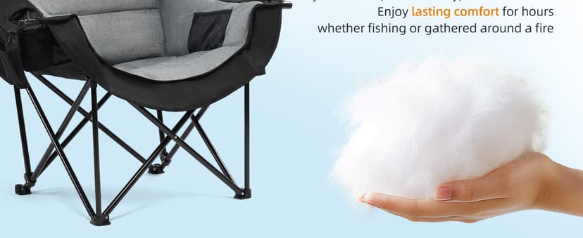 Oversized Camping Chairs for Adults - Heavy Duty Padded Outdoor Folding Lawn XL Camp Chair with Cup Holder Cooler Pockets for Outside Sports Beach Fishing Garden Portable Supports 500lbs, Black