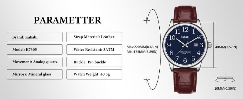 Kakabi Watch for Men, Easy Reader Unisex Analog Quartz Waterproof Wristwatch with Date and Leather Band, Casual Simple Fashion Mens Watches Gift