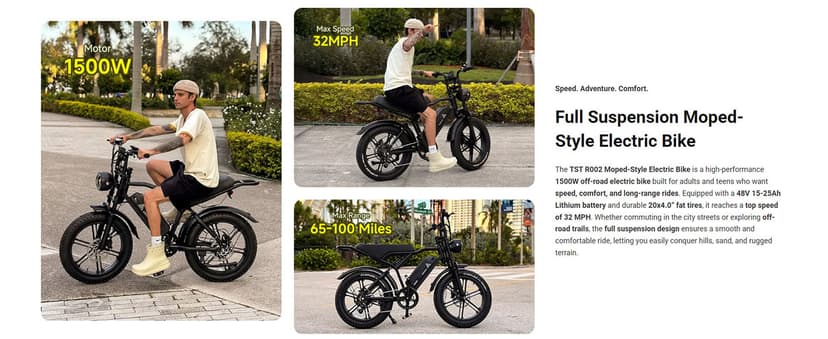 TST Electric Bike for Adults 1500W Peak 20" Fat Tire All-Terrain E-Bike 60/110 Miles 28 MPH Electric Dirt Bike - 48V 15/25 AH Battery Tested to UL 2849 Powered Electric Bicycle