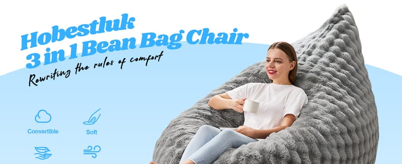 Hobestluk 3 in 1 Bean Bag Chair Giant Bean Bag Chairs for Adults with Bubble Cover Convertible Bean Bag Floor Cushion with Machine Washable Cover for Living Room (Bubble Grey)