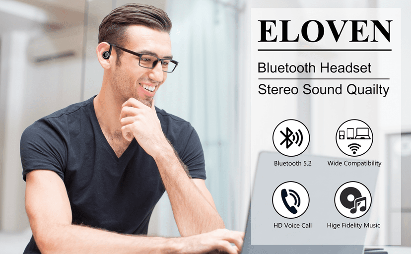 Bluetooth 5.2 Headset, Single Ear Earpiece Earphone with Mic, Hook, Noise Cancelling Headset for Business, Trucker, Driver, Wireless Bone Conduction Headphone with Ear Caps (S/M/L) for iPhone Android