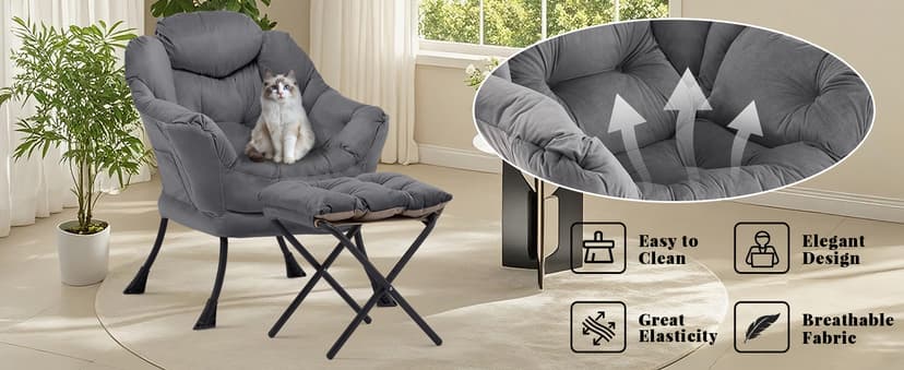 Lazy Chair with Ottoman, Comfy Accent Lounge Chair with Side Pocket, Modern Reading Armchair with Footrest, Upholstered Sofa Chair for Small Spaces, Bedroom, Living Room, Dorm, Darkgrey