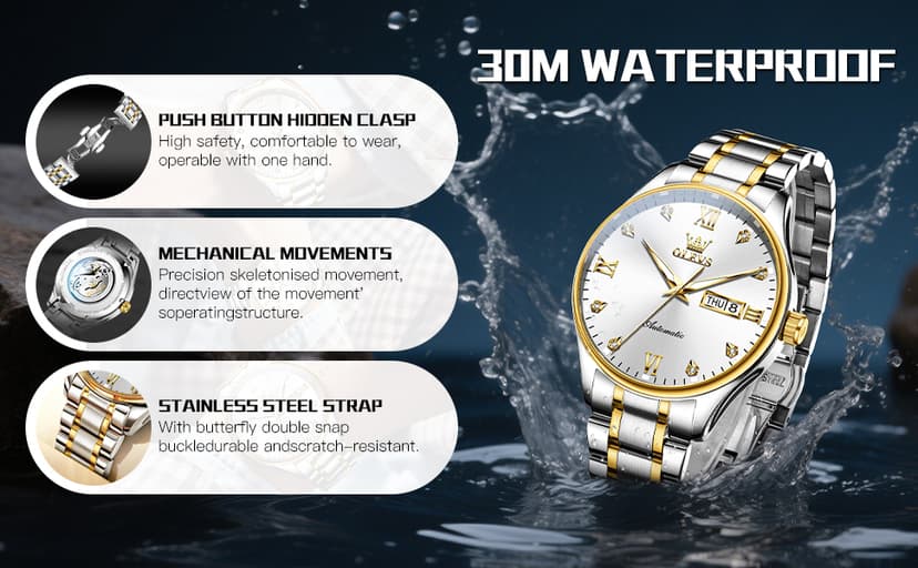 OLEVS Automatic Watches for Men Self Winding Mechanical Wristwatch Luxury Business Dress Stainless Steel Luminous Waterproof Calendar Mens Watch