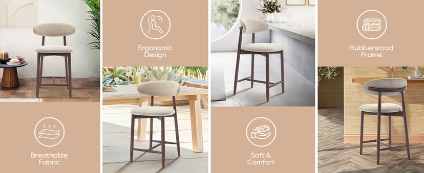 COLAMY Counter Height Bar Stools Set of 2, Kitchen Bar Stools with Back, Mid Century Modern Upholstered, with Wood Legs for Kitchen Island Dining Room, Beige