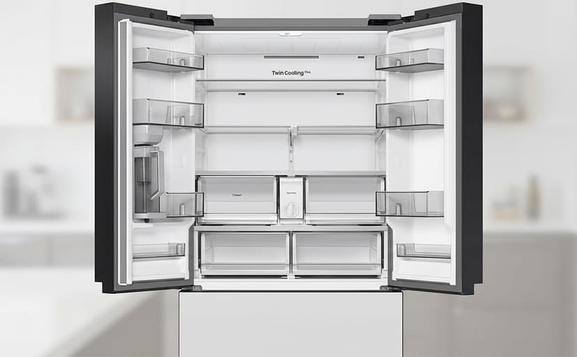 Samsung 30 cu. ft. Bespoke 3-Door French Door Refrigerator with AutoFill Water Pitcher and Dual Ice Maker, White Glass, RF30BB620012AA