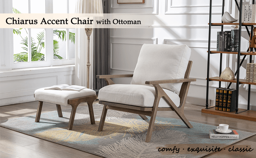 chairus Mid-Century Modern White Linen Accent Chair with Ottoman, Comfy Upholstered Lounge Armchair with Removable Cushions & Solid Wood Frame, Fabric Reading Chair for Living Room Bedroom Office