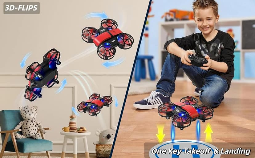 Red Mini Drone for Kids, Indoor & Outdoor RC Quadcopter, Full Propeller Guards, LED Light, 3D Flips, One Key Start, Headless Mode, 2 Rechargeable Batteries, 21 Mins Total Flight Time, Toy Gift for Boys and Girls