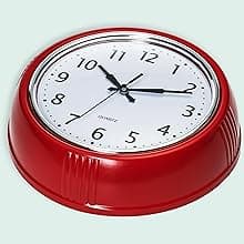 Bernhard Products Retro Wall Clock 9.5 Inch Red Kitchen 50's Vintage Design Round Silent Non Ticking Battery Operated Quality Quartz Clock