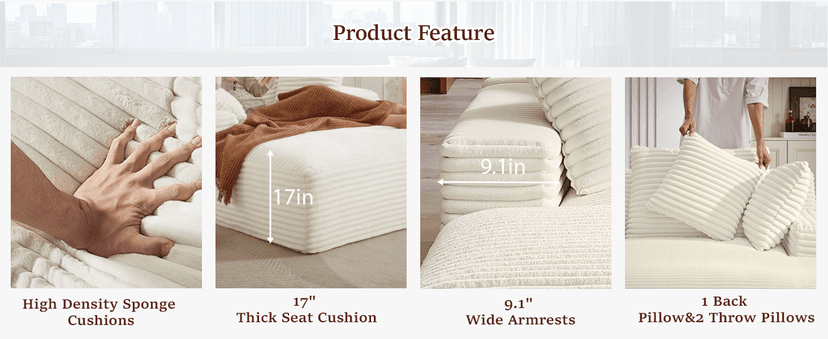 ivoros 50 Inch Chaise Lounge Chair Indoor, Oversized Corduroy Upholstered Boneless Sofa Bed, Deep Seat Sleeper Couch Reading Chairs, Cloud Sofas Couches for Living Room, No Assembly Required (Beige)