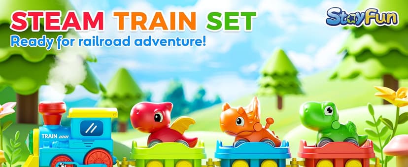 Train Set for Toddlers w/Steam, Music & Lights - Electric Train Toys for Kids w/Tracks Accessories, Including 3 Dinosaur Car and 3 Trailer; Gifts for 1-3 4 5 6+ Years Old Boys Girls