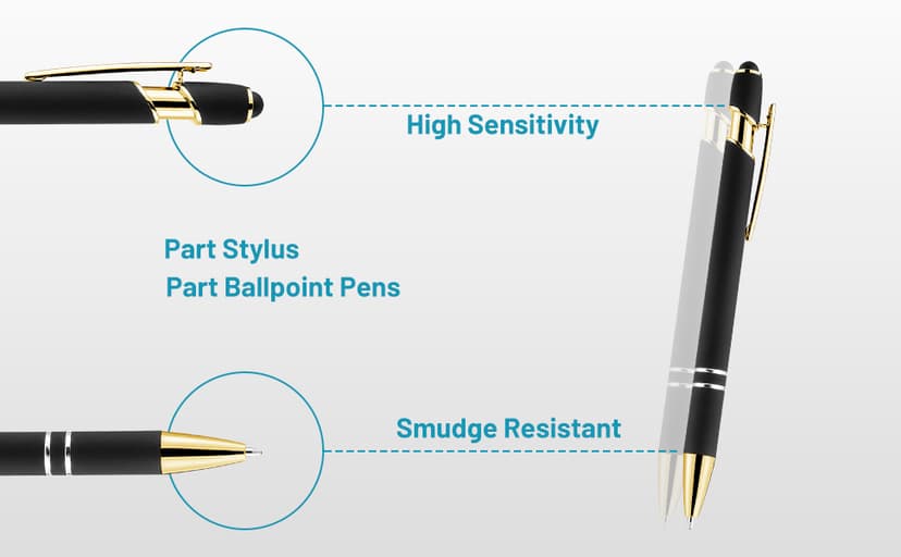 LINFANC 12 Pack Black Gold Ballpoint Pen with Stylus Tip, 1.0 mm Black Ink Smooth Writing Pens, Metal Stylus Pens for Touch Screens