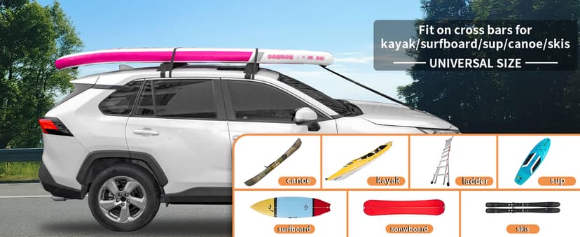 Universal Soft Roof Rack Pads for Kayak SUP Surfboard Snowboard Canoe, Heavy Duty Car Roof Rack System with 2 Tie Down Straps, 4 Quick Loop Straps, 2 Hood Loops, Tie Down Ropes and Storage Bag