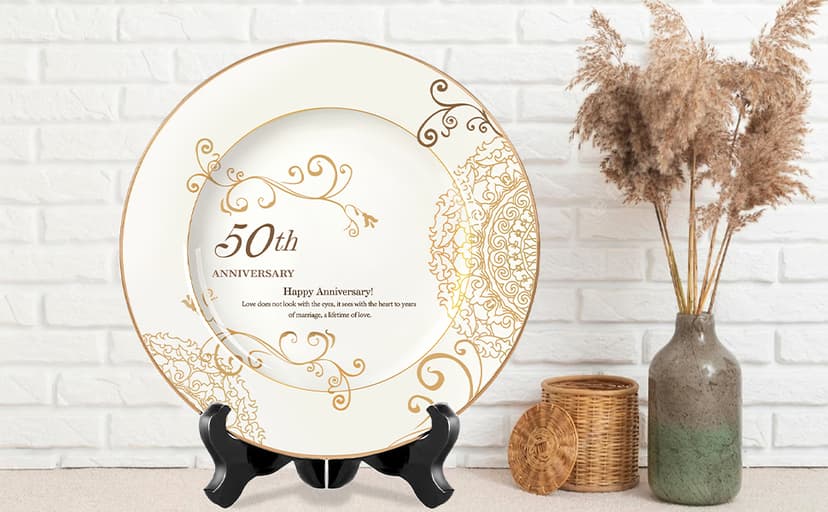 50th Anniversary Wedding Gifts for Couple/Parents/Grandparents, 50th Golden Presents for Marriage, Gold Porcelain Keepsake Plate with Stand, 10 inch