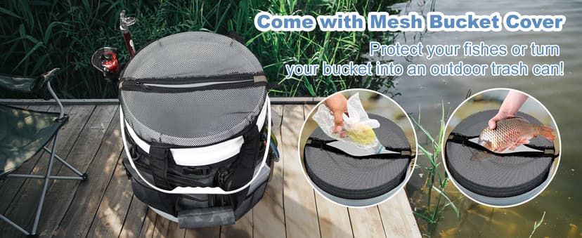 WTVIDAS Fishing Bucket Organizer with Bucket Cover, Ice Fishing Tackle Bag with Rod & Plier Holder, Multi-Pockets for 5 Gallon Bucket Fishing Gear & Accessories