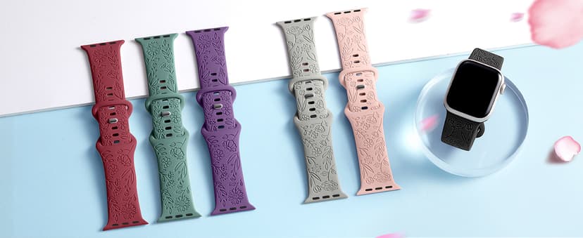 SNBLK 6 Pack Floral Engraved Bands Compatible with Apple Watch Bands 40mm 41mm 42mm 38mm 44mm 45mm 46mm 49mm Women Men, Silicone Flower Pattern Strap for iWatch Series 11 10 Se Ultra 9 8 7 6 5 4 3 2 1