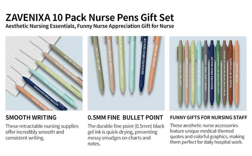 Funny Nurse Appreciation Gift for Nurse Week, Work & Graduation, Black Gel Ink Pens for CNAs, RNs & Women Nursing Students 10 Pack Nurse Pens Gift , Aesthetic Nurse Essentials, Funny Pens for Nurses B0GTYRFCYL