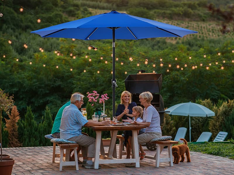 OLIXIS 9ft Patio Umbrella with Tilt and Crank Button & 8 Sturdy Ribs Waterproof, Patio Table Umbrella Perfect for Poolside, Terrace, Beach and Outdoor Restaurant, Blue